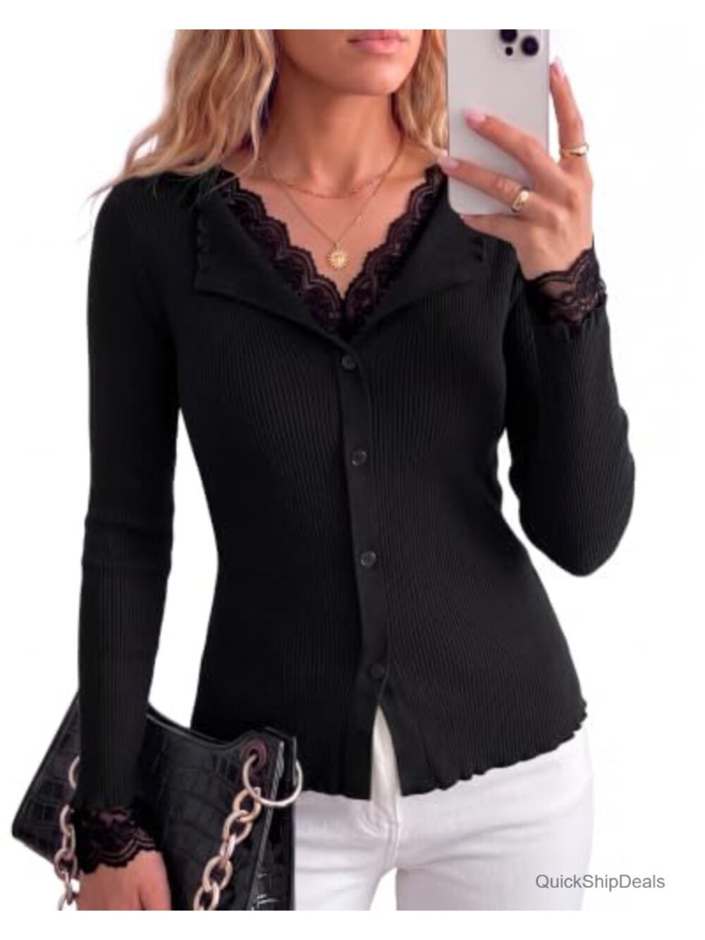 Womens Lace Trim V-Neck Pullover Sweater Long Sleeve Ribbed Knit Top